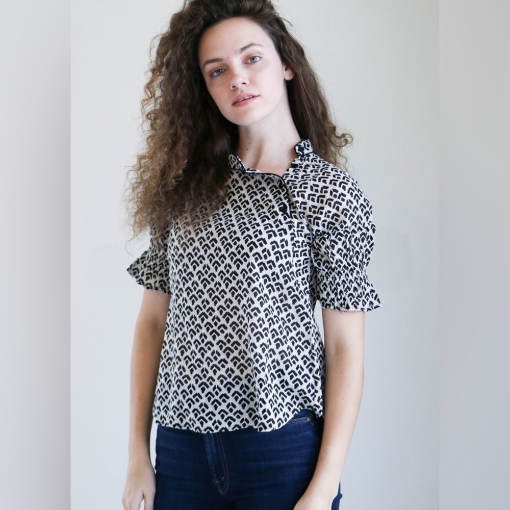 Apiece‎ Apart || Ponderosa Mandarin Collar Top in Reverse Tracks Black Cream XS